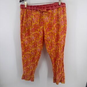 Sundance Womens Large Orange Pink Floral Cotton Block Print Boho Crinkle Pants